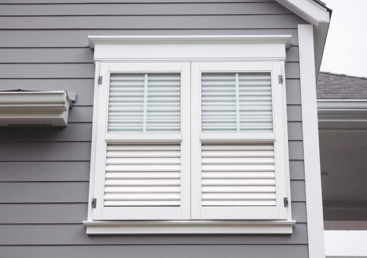 Reinforced storm shutters and protective panels installed on a coastal home